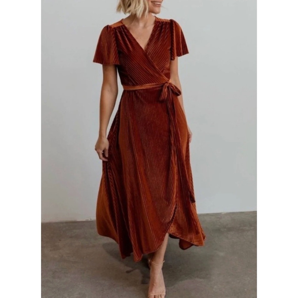 Baltic Born Andi Maxi Dress S Rust Velvet Pleated Wrap Wedding Guest